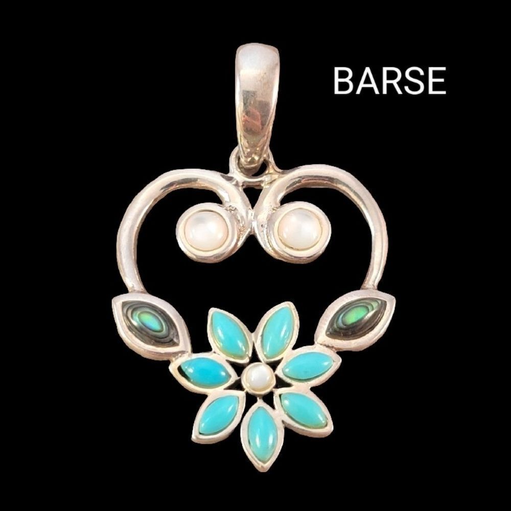 Barse Blue Green Turquoise Heart Flower Sterling Silver Pendant